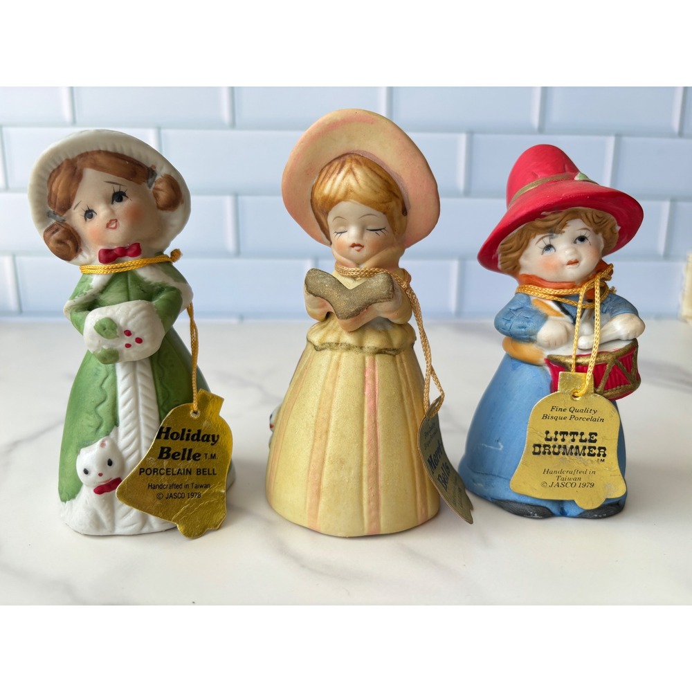 Vintage JASCO Porcelain Christmas Bells Set Holiday Belle Drummer Merri-Bell 70s
